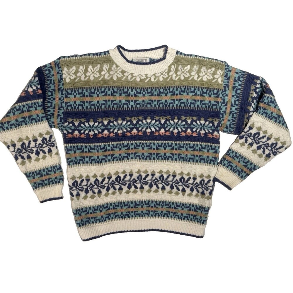 VTG Sweater Womens Fair Isle Floral Geometric  90s Cottagecore Preppy Sz Small